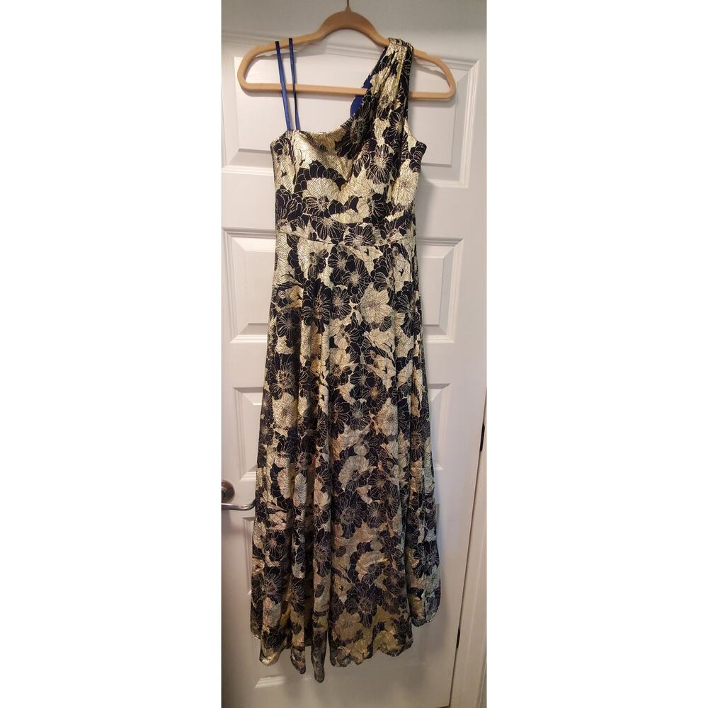 Petite "Gwen" Long One Shoulder Wrap Foil Flower Dress.a21